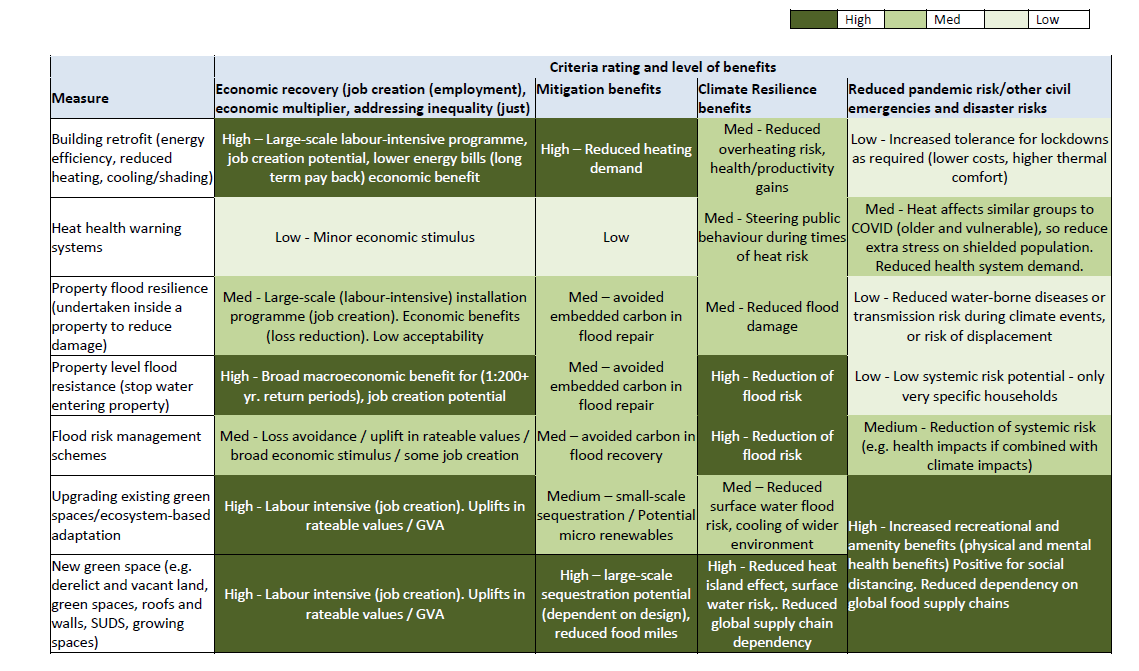 Table of illustrative 'green' recovery interventions